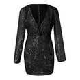 thumbnail image 4 of New Years Eve Dresses For Women Deep V Neck Sequin Sleeve Waist Slim Mini Swing Solid Party Dress, 4 of 4