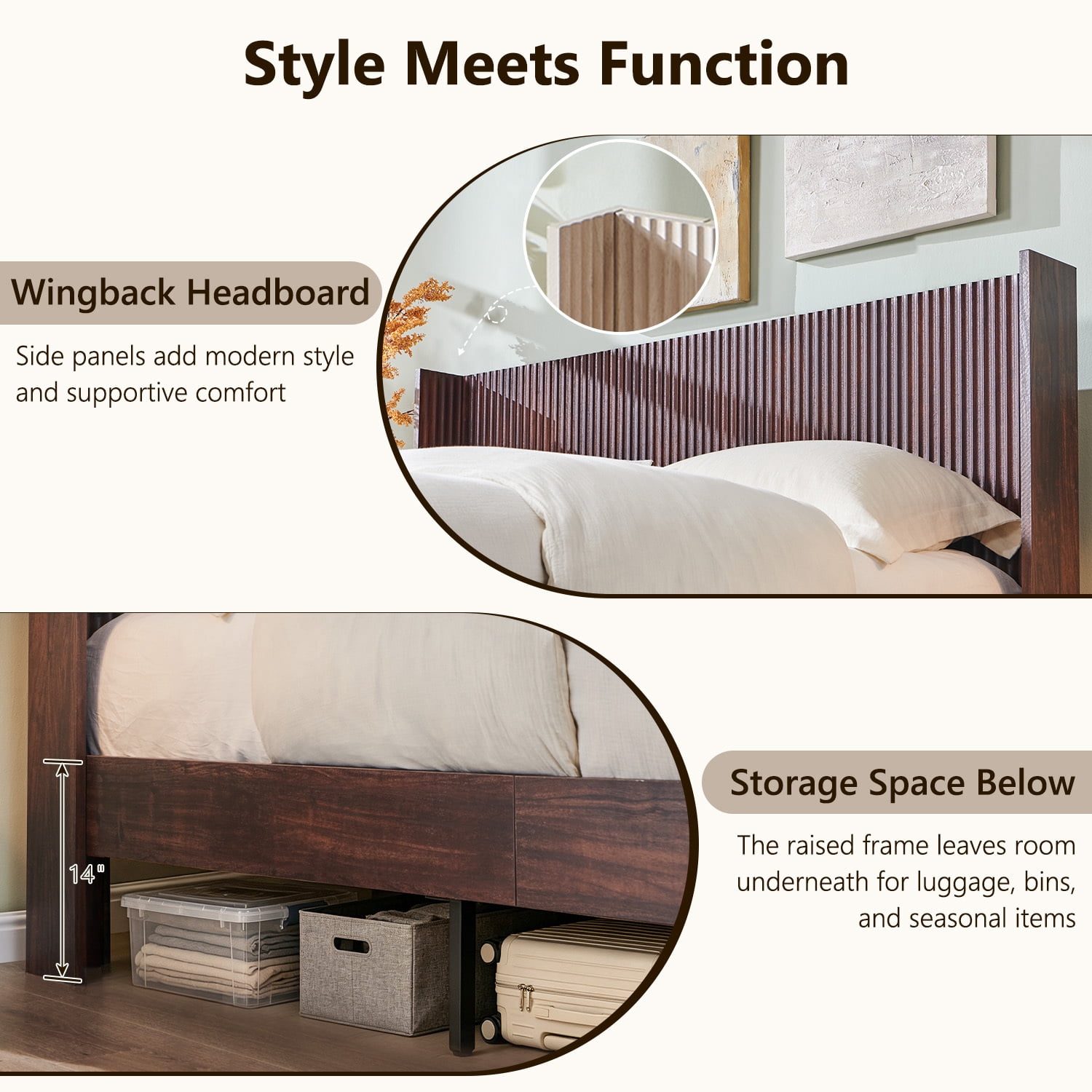 KeyWhat Modern Fluted Queen Size Bed Frame with Headboard & Storage Footboard, Built-in Drawers & Lift-Up Gas Struts, Solid Wood Slats, No Box Spring Needed, Dark Walnut