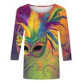 thumbnail image 4 of REORIAFEE Graphic Tees Women Mardi Gras Mask Printed 3/4 Sleeve Shirt Crewneck Carnival Fancy Tees Theme Party Fashion Tops Loose Blouse Purple S, 4 of 4
