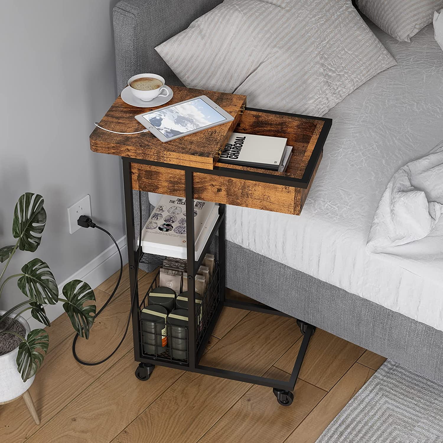 Oumilen Western Home Side Flip Top C Shaped End Table with Build-In Fast Charging Station with USB Ports, in Rustic Burnt Wood