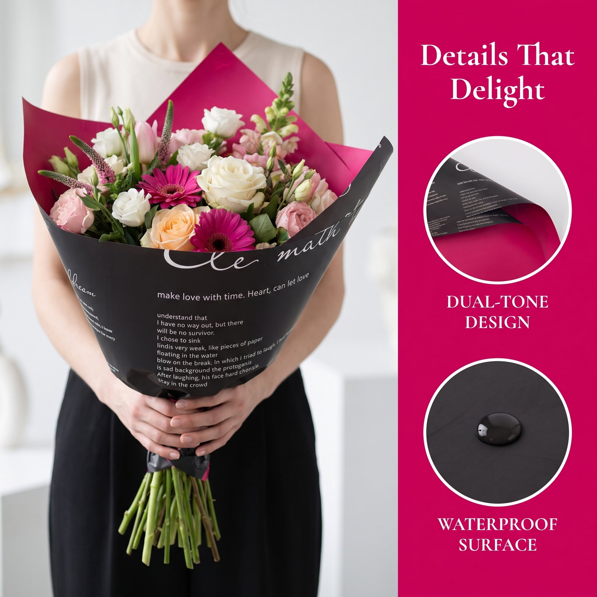 Unique Bargains Waterproof Gift Wrap Paper for Bouquets and Gifts Black 22.4"x 22.4"