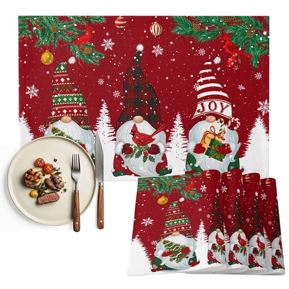 Red Gnomes Christmas Placemats Set of 4, Winter Cardinal Snowflake Pine Tree Table Mats Washable Heat-Insulation Non-Slip Place Mats for Kitchen Dinner Table Indoor Outdoor Decor,13x19 Inch
