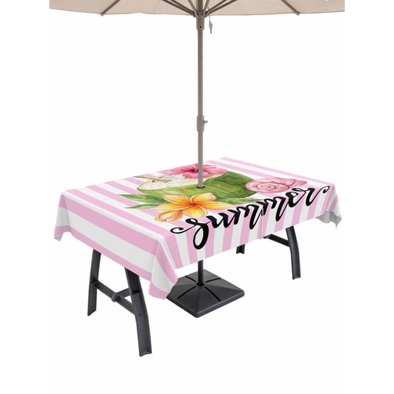 Outdoor Tablecloth with Umbrella Hole for Patio/Picnic/Party/Camping, Pink Flowers Waterproof Table Cloth Rectangle Table Cover Washable, Spring Floral Summer Botanical Striped Farmhouse (52"x 70")