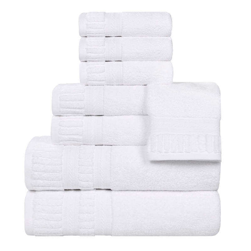 Superior Venice Ribbed Textured Border Zero Twist 8 Piece Towel Set, White