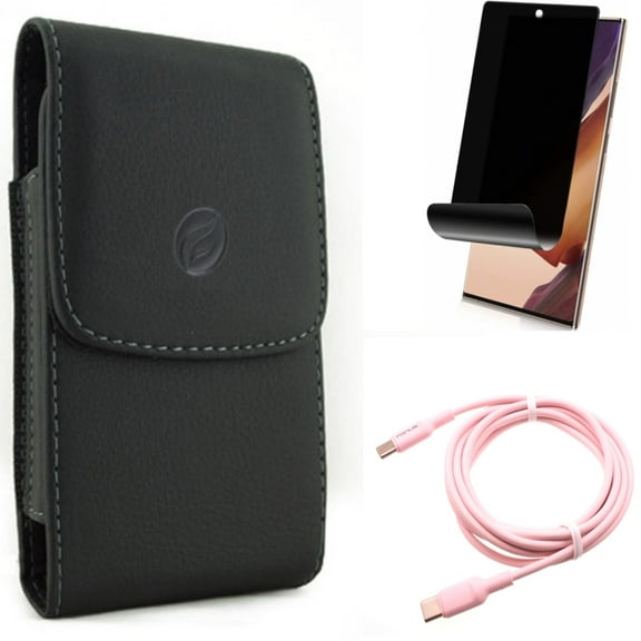 Pink 10ft Long Cable & Privacy Screen Protector & Case Belt Clip for Samsung Galaxy Note 20 Ultra (6.9") - Combo with USB-C to Type-C PD Fast Charger & TPU Film Anti-Peep & Leather Holster