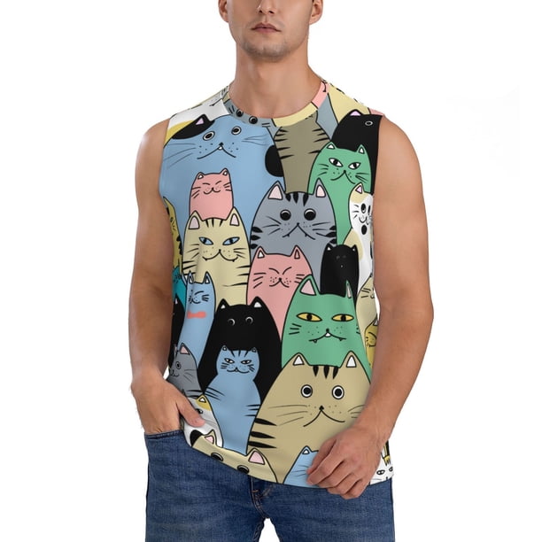 Fotbe Different Cats Men's Camiseta sin Mangas Estampada para Hombres, Playera Casual para Gimnasio, Entrenamiento, Playa-X-Large
