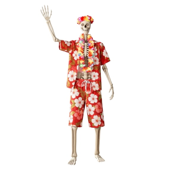 Life Size Skeleton Hawaiian Luau Outfit Set 4 Piece Halloween Outdoor Yard Decor for Themed Tropical Party Display