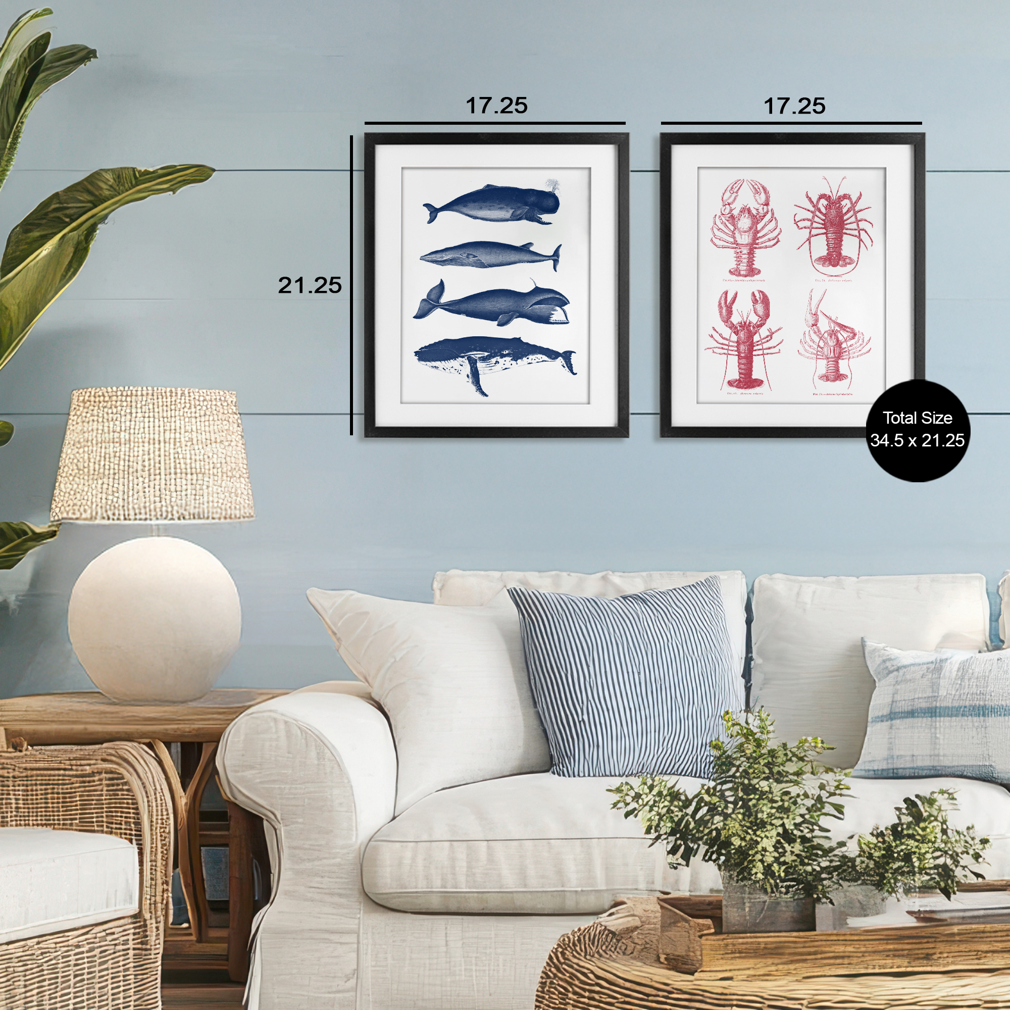 Marine Whales & Lobsters 2 Piece Black Framed Print Under Glass Set, design by Lettered and Lined