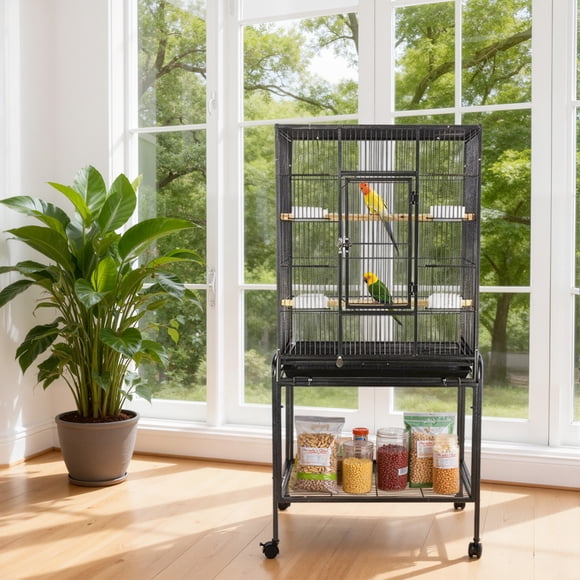 Cage à Oiseaux de 53 Po avec Support Roulant, Grande Cage de Vol en Fer avec Perchoirs en Bois, Plateau Coulissant, Mangeoires en Plastique à Dessus Plat pour Cockatiels, Perroquets, Tourterelles, Canaries, Chardonnerets, Perruches, Noir