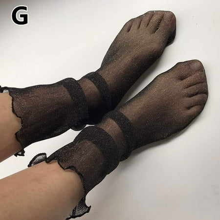 

Women Fishnet Mesh Lace Ruffle Socks Sheer Silky Glitter Short Ankle Stockings