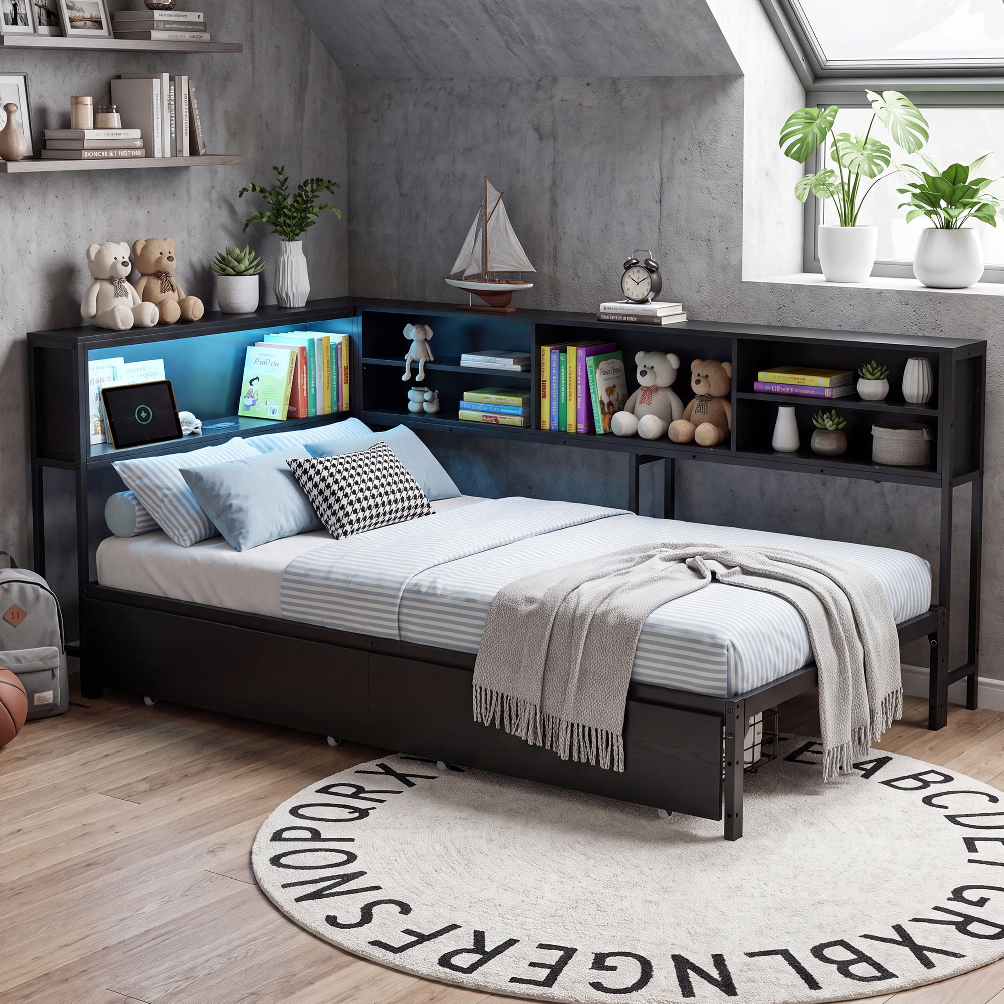 Leumius Corner Bed Frame with Storage Bookcase, Full Daybed with LED Lights & 2 Drawers, Metal Platform Bed with Headboard and Charging Station for Bedroom Guest Room Black