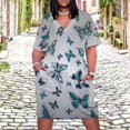 thumbnail image 2 of Teal Butterflies White Background Pattern Women's Loose Short Sleeve Dress Casual Summer Plus Size Long Dresses with Pockets, 2 of 5