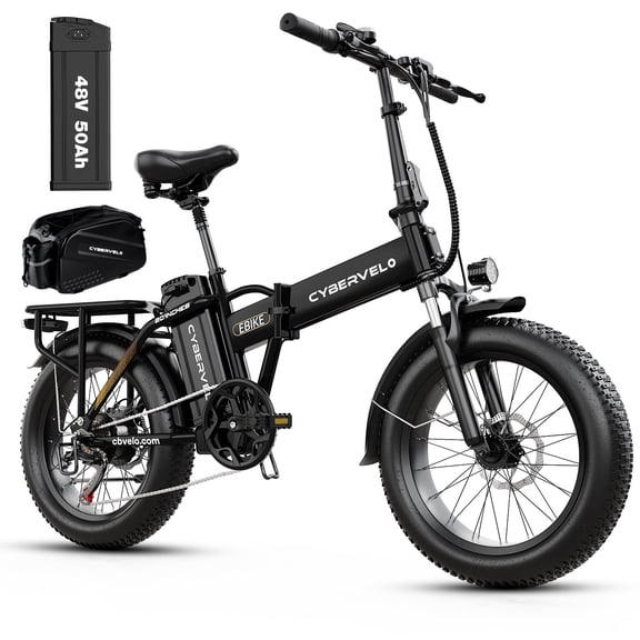CBVELO 750W Folding Electric Bike, 48V 50AH Removable Battery, up to 200 Miles, 20" Anti-Slip Fat Tire All Terrain Adult Commute Ebike