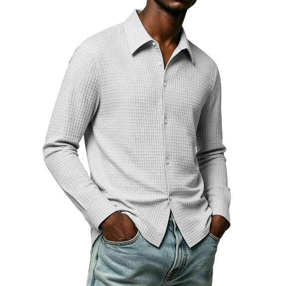 Lenpel Dress Shirts for Men Fall Textured Trendy Collared Long Sleeve Business Casual Work Tops with Pockets Comfy Button down Shirts(White,X-Large)
