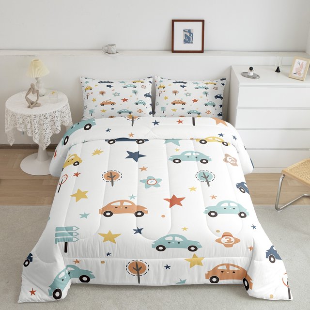 YST Cute Cars Bedding Comforter Sets Colorful Stars Pattern Comforter Set Queen Size Hand Drawn Tree Bedding Vehicle Road Signs Quilt Kids Road Traffic themed Duvet Insert 3Pcs