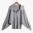 thumbnail image 2 of Fiaer Women Long Sleeve V Neck Sweater Bawting Loose Fit Knitted Pullover Lapel Collared Comfort Solid Casual Tops Grey One Size, 2 of 3