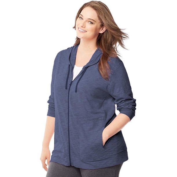Just My Size Womens Jersey Full Zip Front Hoodie Blue 1X