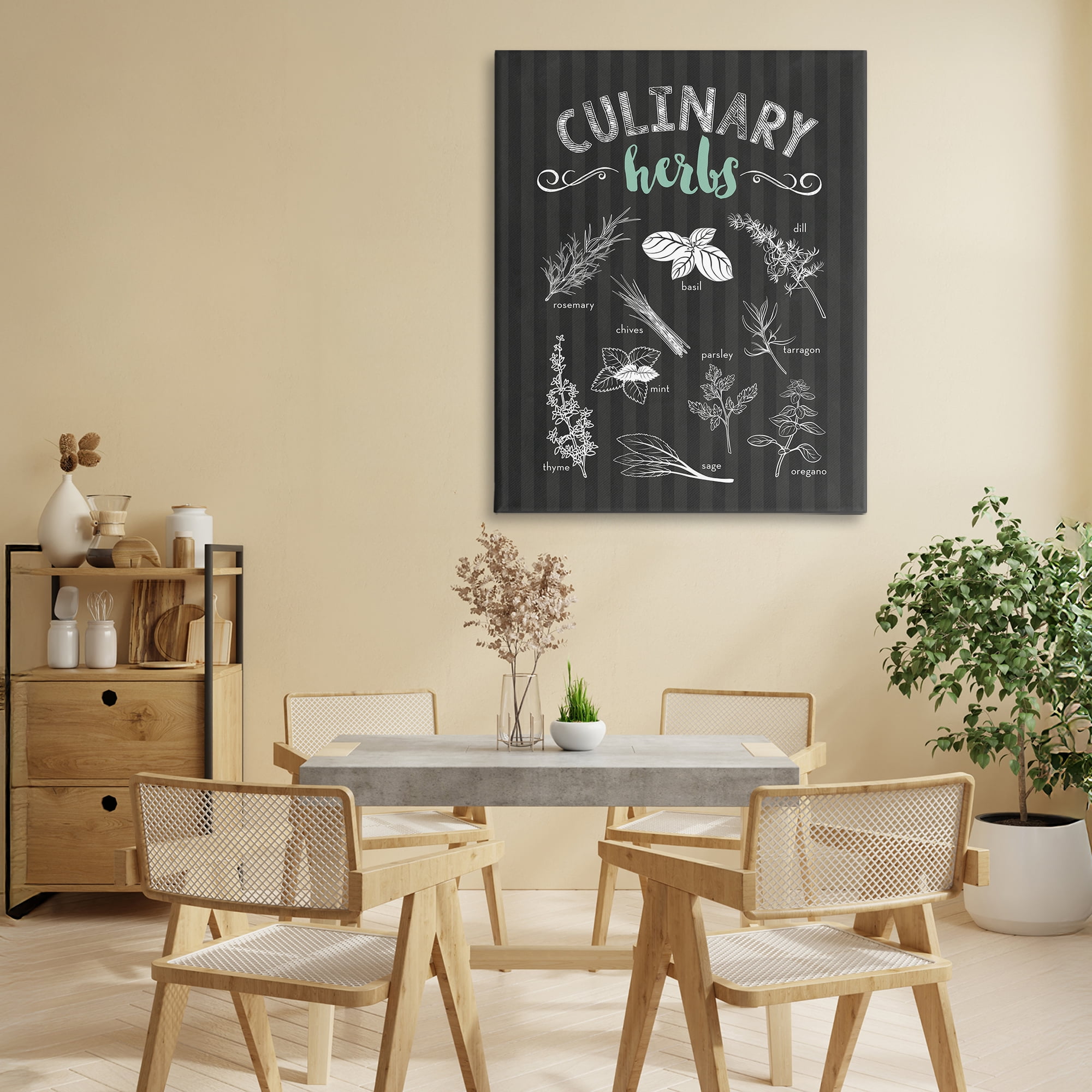 Culinary Herbs on Stripes Canvas Wall Art, design by Lettered and Lined
