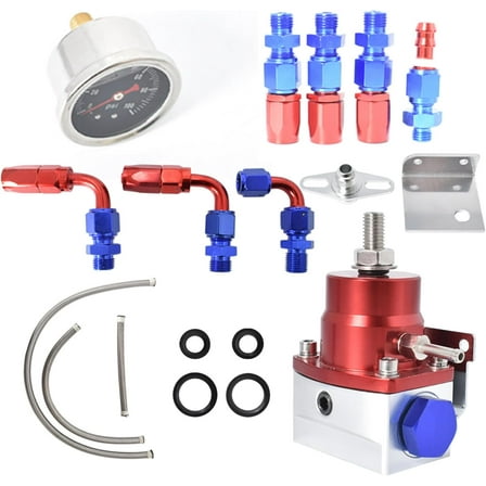 SEBLAFF 6AN AN6 Universal Adjustable Fuel Pressure Regulator Kit with Gauge and AN-6 Fuel Line Hose Red and Blue