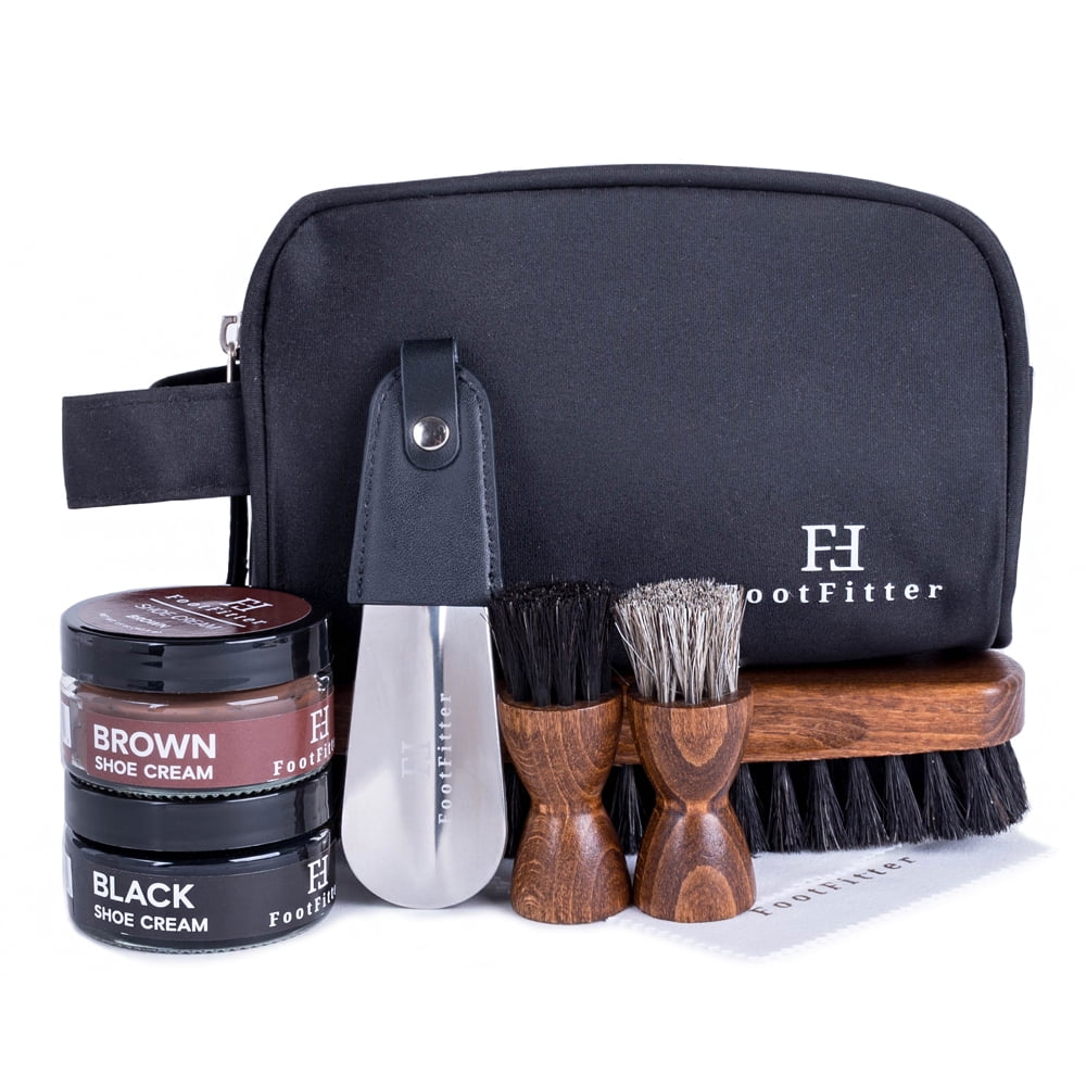 FootMatters Shoe Shine Valet Box - Hardwood Boot & Shoe Care - Polish Kit 