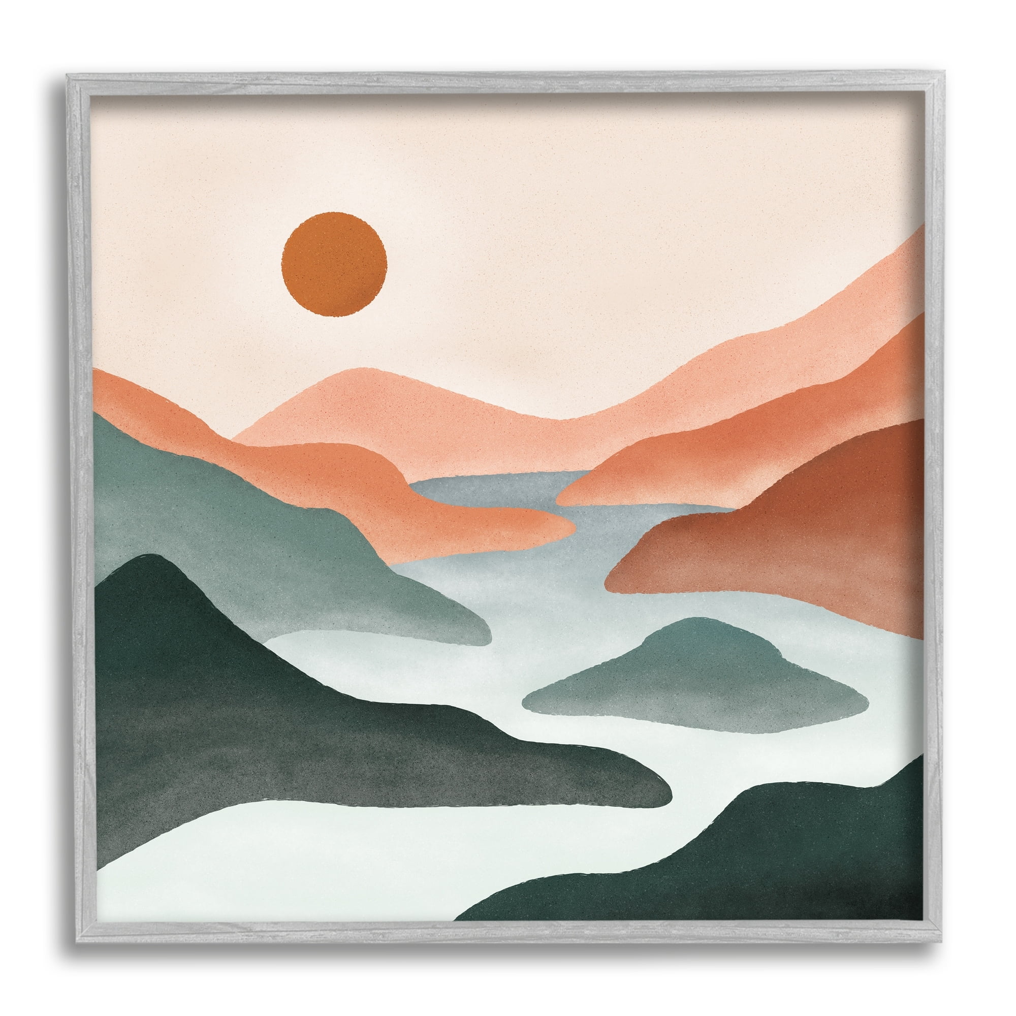 Stupell Industries River Flowing Between Modern Valley Landscape Graphic Art Gray Framed Art Print Wall Art, Design by JJ Design House LLC