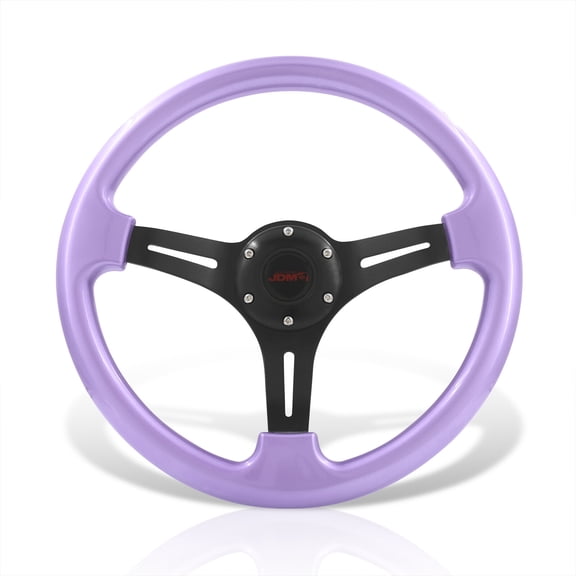 AJP Distributors JDM Sport Universal 350mm 14" 6 Bolt Hole Light Weight Aluminum Steering Wheel Heavy Duty Metallic Purple Frame Black 3 Spoke Horn Button VIP Drifting Replacement