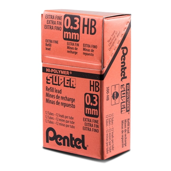 Pentel Super Hi-Polymer Lead Refill (0.3mm) Extra Fine, HB, 12 Pieces/Tube, 12 Tubes/Box