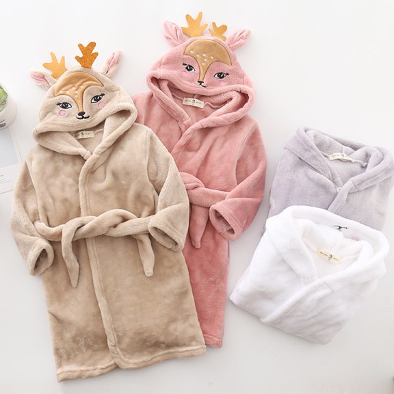 Toddler Kids Baby Boys Girls Cartoon Bathrobes Hooded Warm Flannel Night-Robe Sleepwear Cute Soft Pajamas Robe