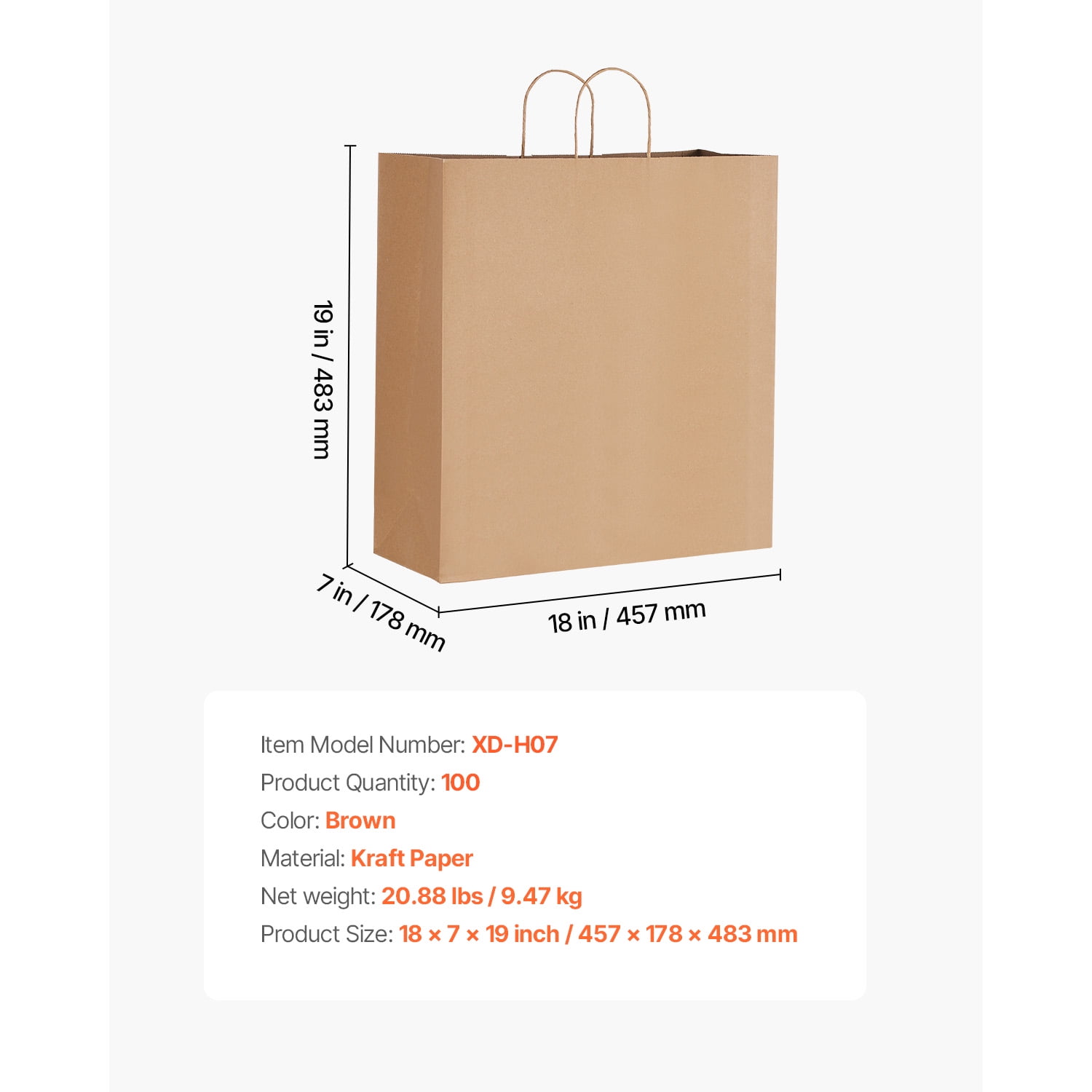 KFFKFF Large Kraft Paper Bags with Handles, 100-Pack, 18 x 7 x 19 Inches, Durable Recycled Grocery Bags for Parties, Events, Business, and More, Brown