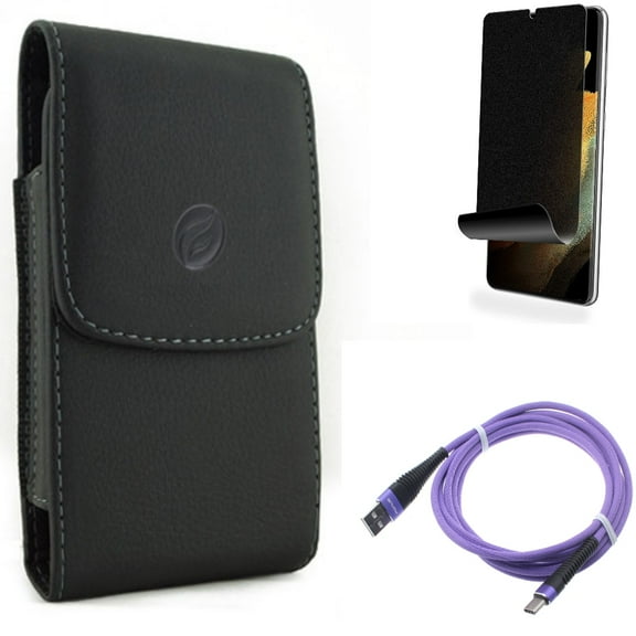Privacy Screen Protector & 10ft USB Cable & Case Belt Clip for Samsung Galaxy S21 Ultra Phone - TPU Film Fingerprint Works & Purple Type-C & Leather Holster Accessory Bundle