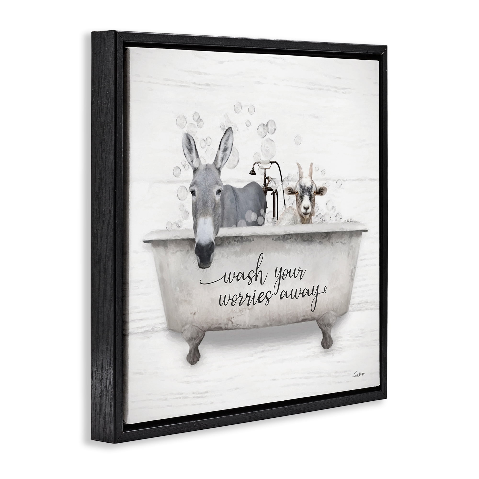 Stupell Industries Wash Worries Away Tub Typography Painting Black Floater Framed Canvas Art Print Wall Art, 18 x 18