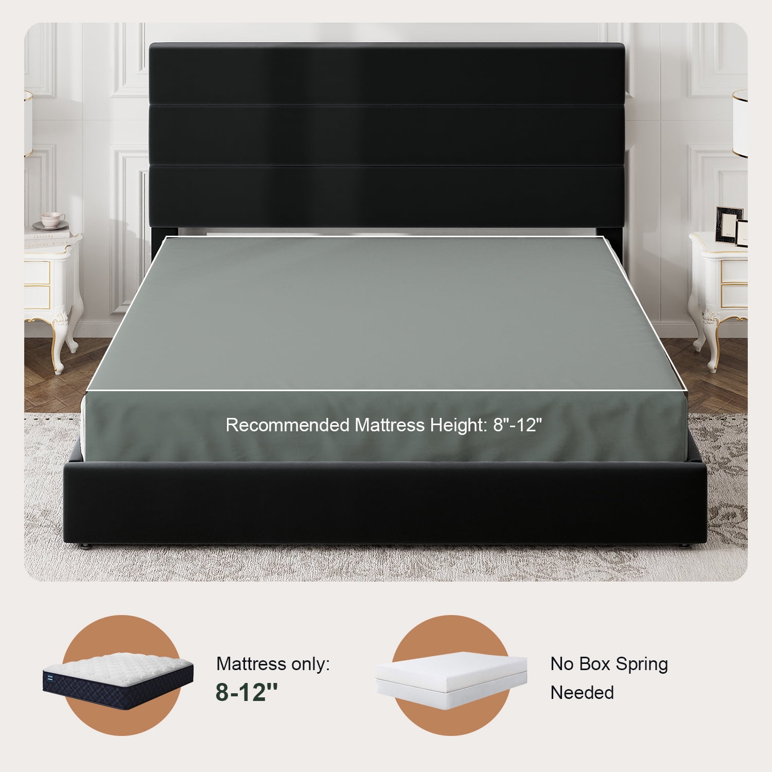 Amolife Queen Size Storage Platform Bed Frame with 4 Drawers & Upholstered Velvet Slat Headboard, Black