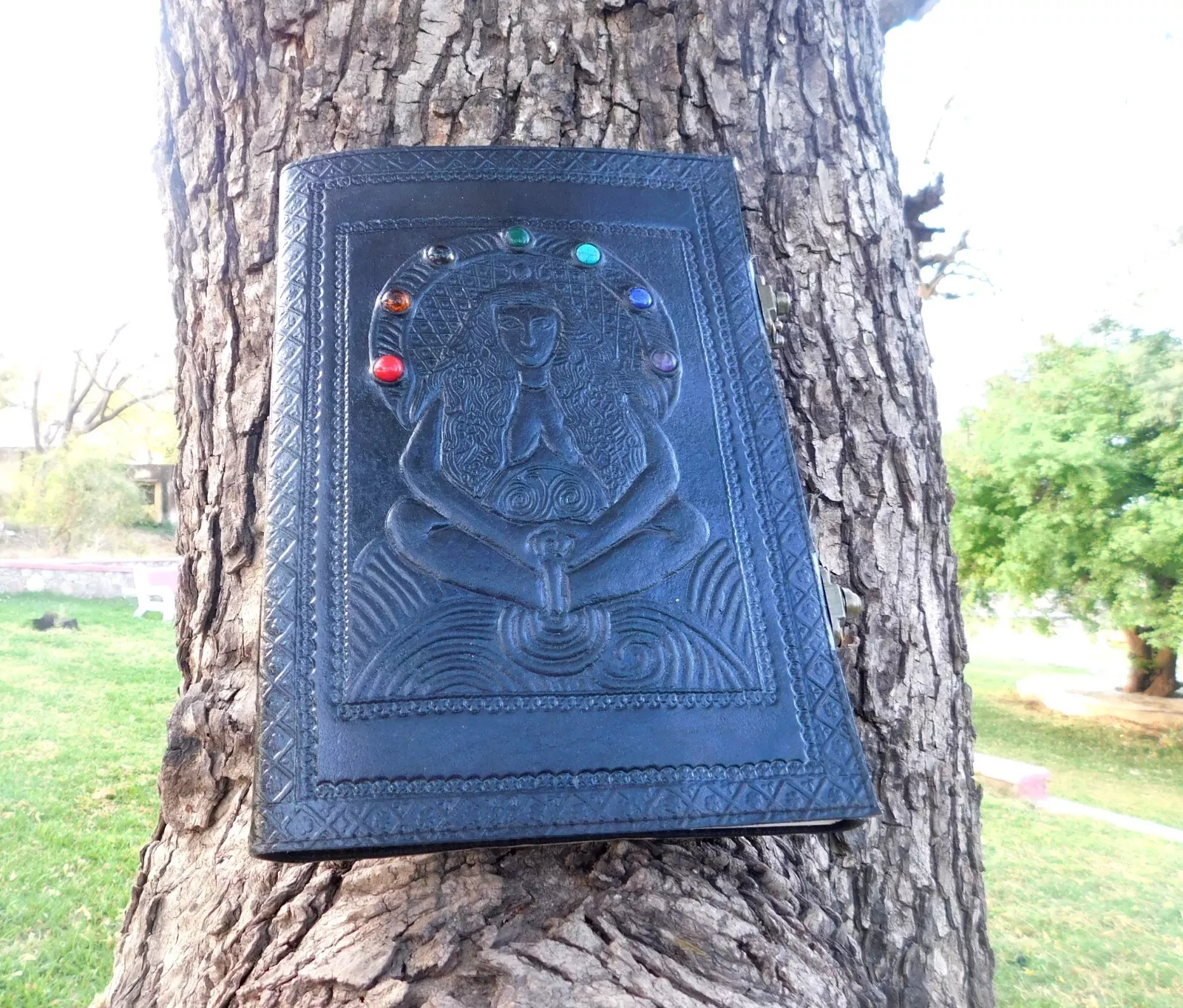 Handcrafted Embossed Vintage Design Leather Bound Journal Diary 7 Stone Grimoire Spell Blank Notebook For Men & Women