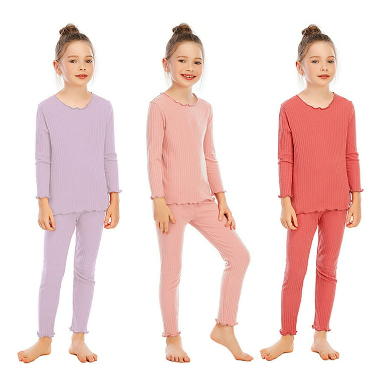 Girls Thermal Underwear Set Kids Winter Cotton Thermal Top and Bottom Warm  Base Layer Solid Color with Flower Brim