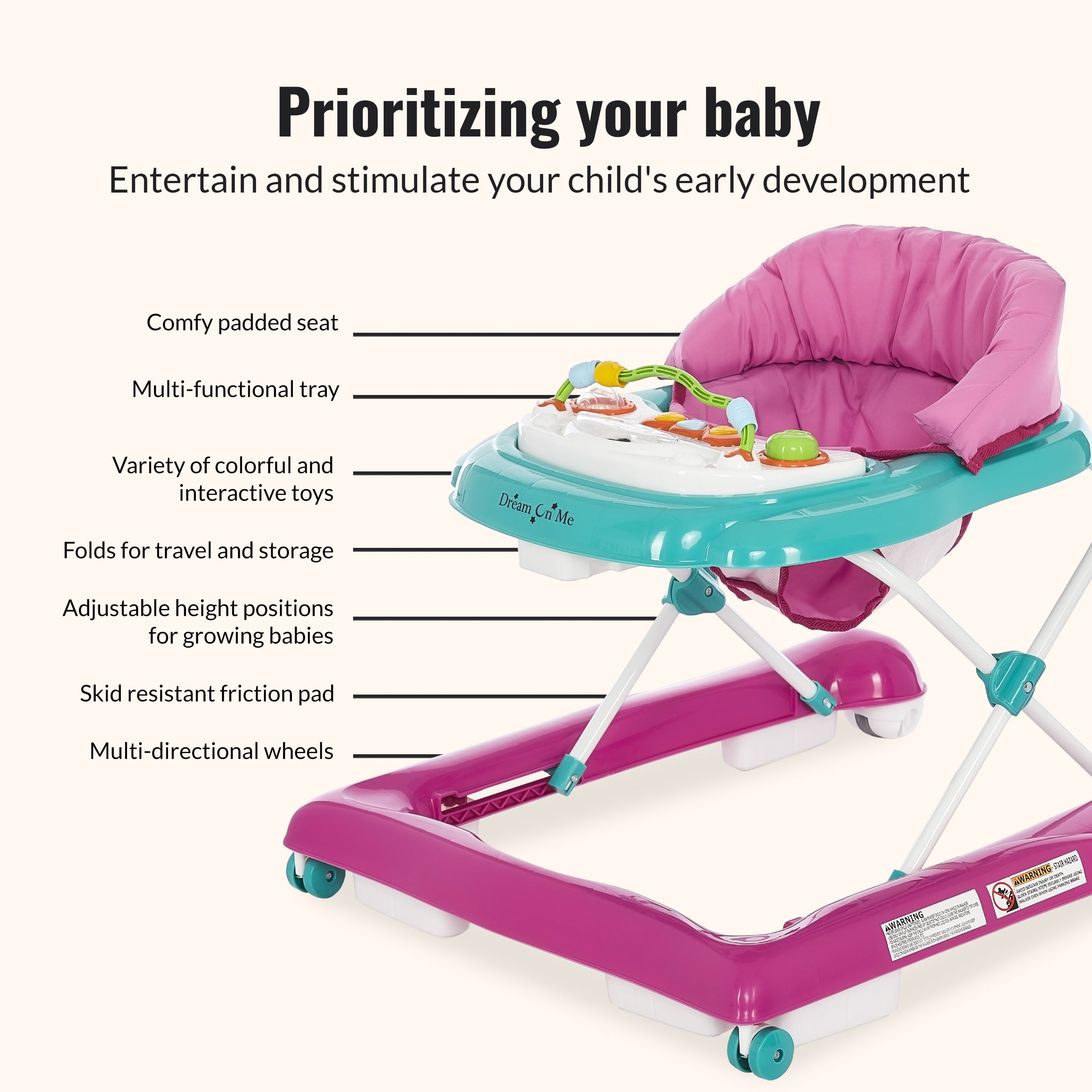 Dream On Me 2-in-1 Ava Baby Walker, Easy Convertible Baby Walker, Walk Behind, Height Adjustable Seat, Added Back Support, Detachable-Toy Slate, Teal Pink