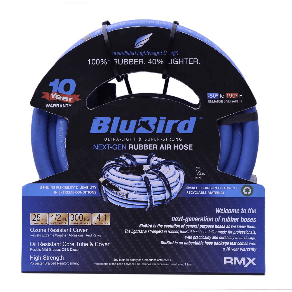 BluBird BB1225 1/2 Inch x 25 Ft Rubber Air Hose Heavy Duty Brass Fittings