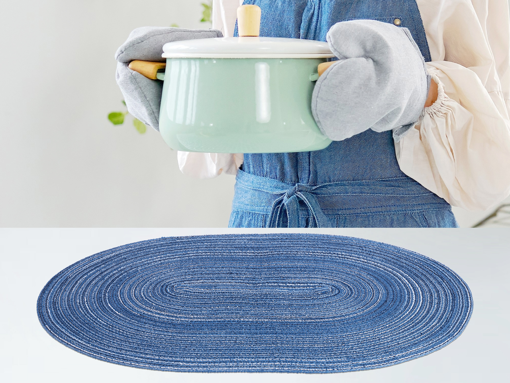REGALWOVEN Farmhouse Placemats Set of 6 Oval Placemats for Dining Table Decor Indoor Outdoor Kitchen Table Mat Wipe Clean Blue 19.7*14Inch