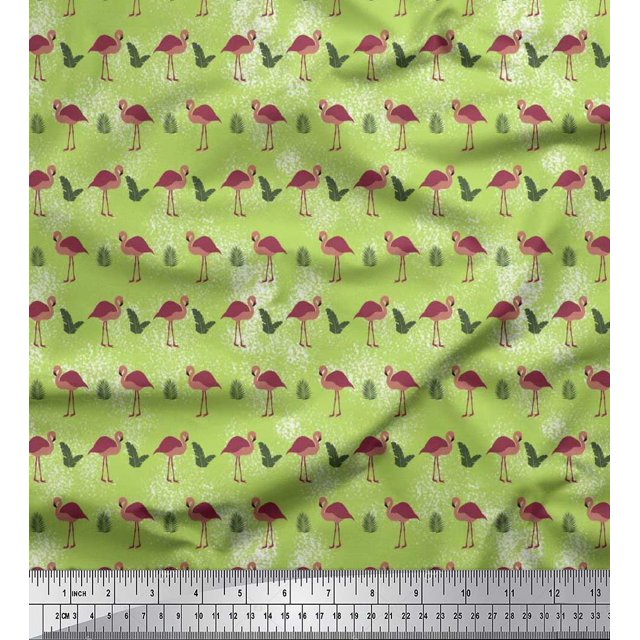 Soimoi Polyester Crepe Fabric Check,Tropical Leaves & Flamingo Bird Print Fabric by Yard 42 Inch Wide