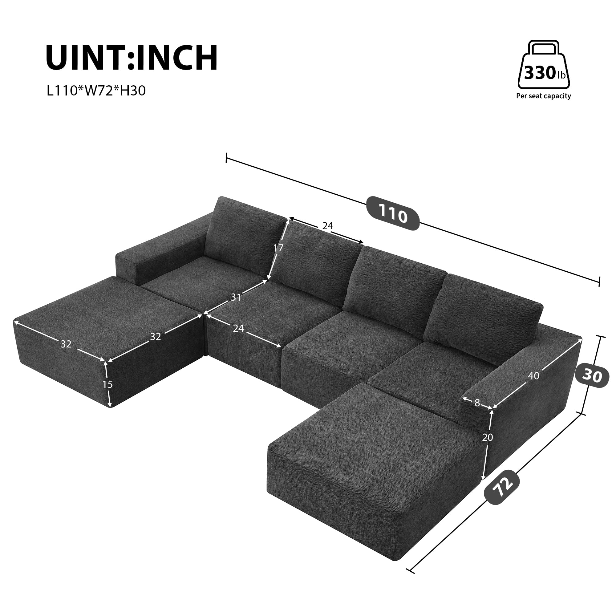 MAYEERTY 110x72" Modular U-Shaped Sectional Sofa - Luxury Chenille Floor Couch with Ottomans/Deep Seat, No Assembly for Living Room/Bedroom, 3 Colors