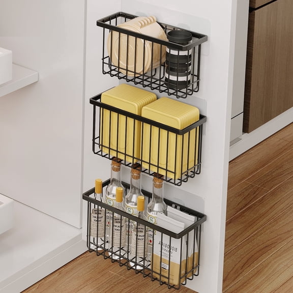 Sofinny 3 Pack Adhesive Cabinet Door Organizer, Food Container Lid Organizer and Storage Basket for Kitchen & Bathroom Wall Mounted, No Drill (Black)