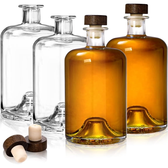 4 Pack Glass Liquor Bottles, 25 Oz Clear Wine Bottles with T-Top Cork Stopper, Heavy Base Vodka Whiskey Bottle Dispenser for Beverages, Drinks, Oil, Vinegar, Kombucha Beer