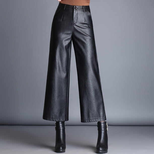Pantalones de cuero para mujer, pantalones anchos y recortados de cintura alta, pantalones de cuero PU sueltos de otoño e invierno, estilo coreano, ropa exterior adelgazante de talla grande