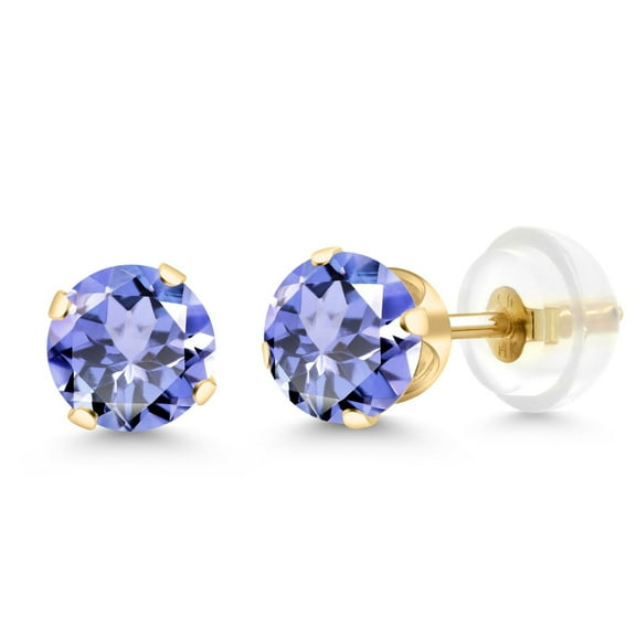 Gem Stone King 14K Yellow Gold Blue Tanzanite Stud Earrings Fine Jewelry for Women Men (0.92 cttw, Round 5MM)