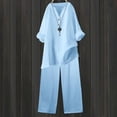 thumbnail image 4 of JFGHDG Linen Sets for Women 2 Piece Cotton V Neck 3/4 Sleeve Sleeve Top Wide Leg Pants Outfits Summer Casual Loungewear Blue L, 4 of 7