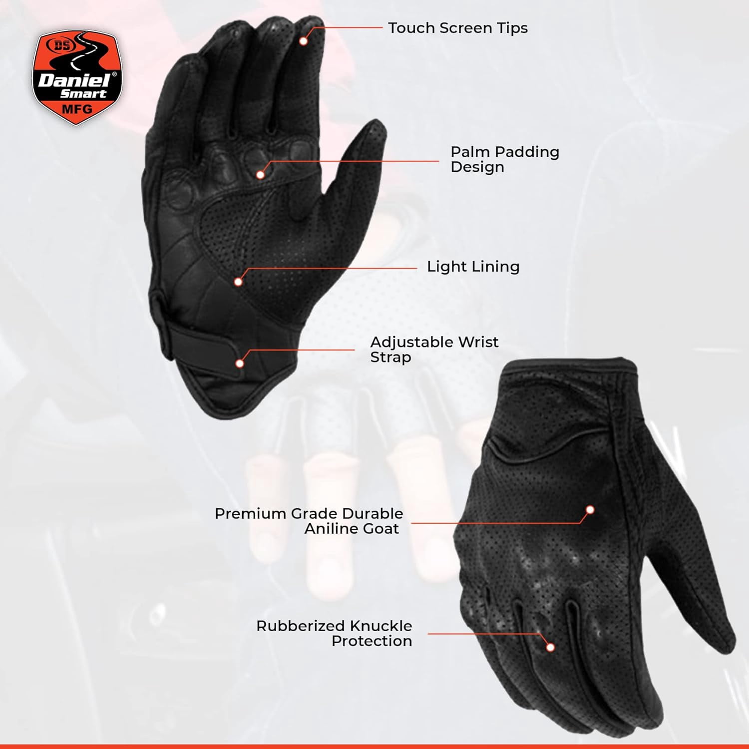Daniel Smart Leather Gloves - Motorcycle Gloves with Knuckle Protection and Padded Palm
