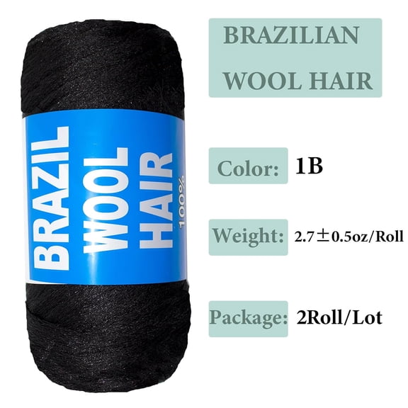 WEIF-2 Roll Natural Black Brazilian Wool Hair Yarn for Jumbo Braids Braiding Hair for Soft Faux Locs Goddess Locs Hair Extension Senegalese Twist Crochet Hair for Black Women (Natural Black, 2Roll