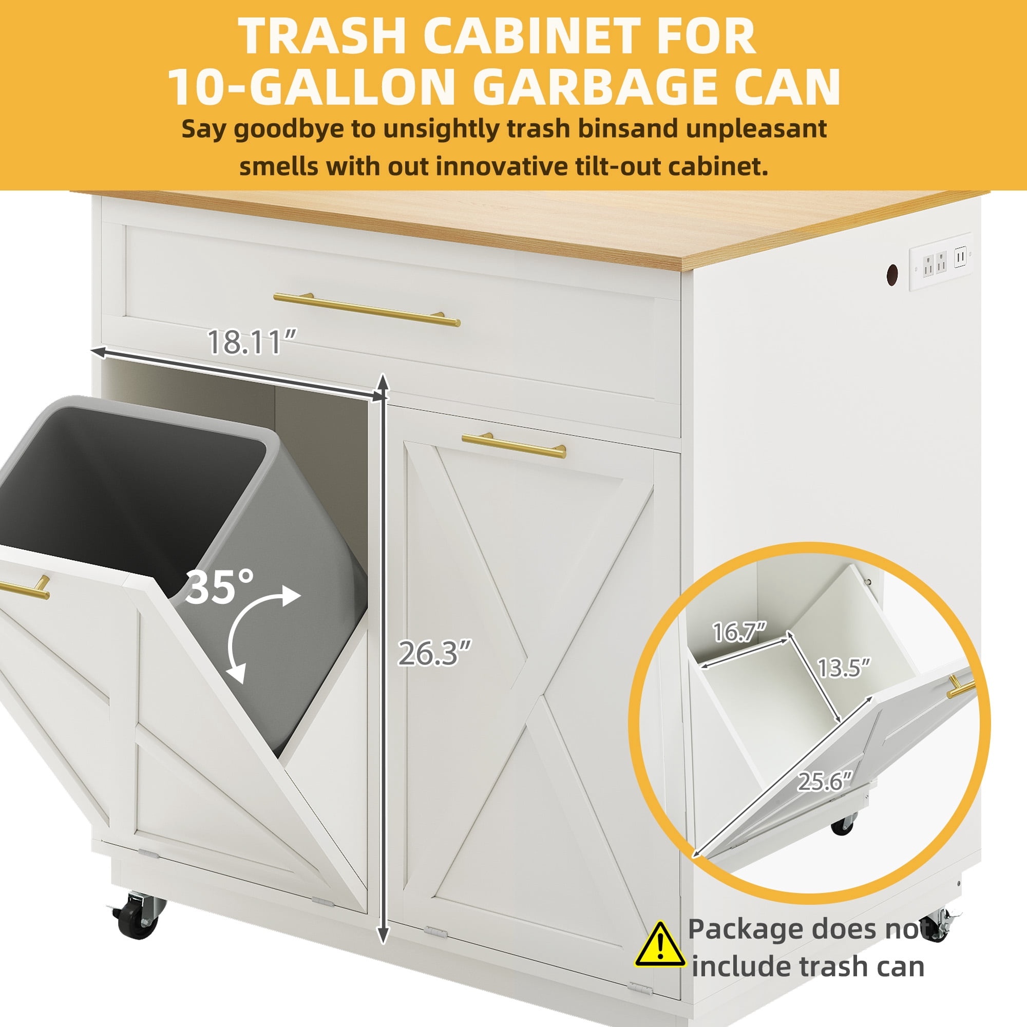 DWVO 39" Kitchen Island with 10 Gallon Double Tilt Out Trash Can and Charging Station, Rolling Island Cart with Storage Cabinet and 3 Drawers, White