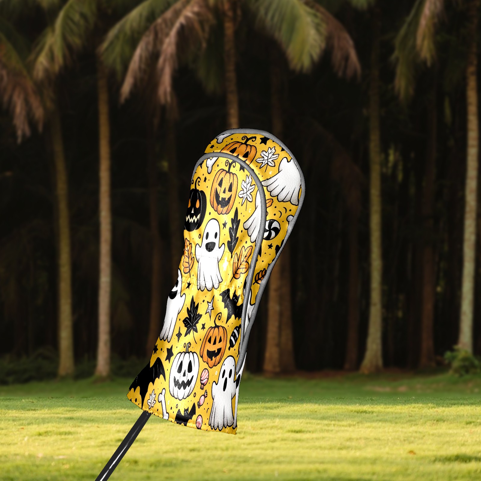 Golf Club Covers, Yellow Ghost Pumpkin Skull Premium PU Leather Driver Hybrid Putter Head Covers with Velvet Lining, Waterproof Golf Gifts for Men Women