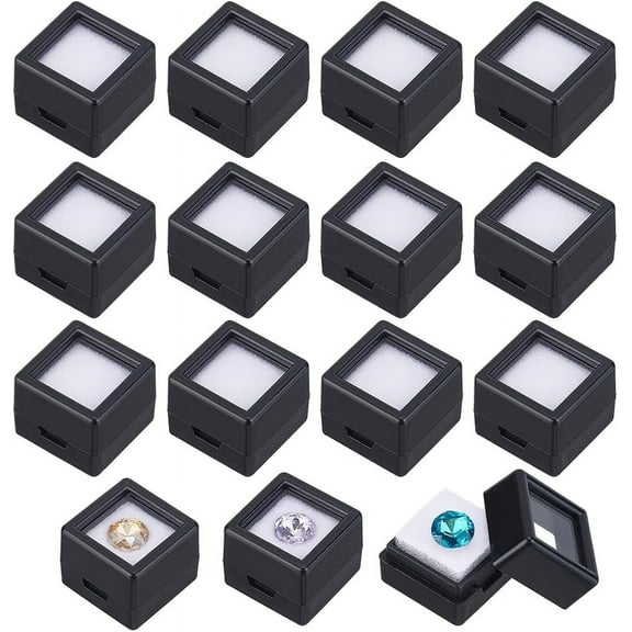 36 Pack Gemstone Display Box Acrylic Diamond Display Case Black Jewelry Box with Clear Lids White Sponge 0.8x0.6 for Treat Gems Diamond Gift Packing