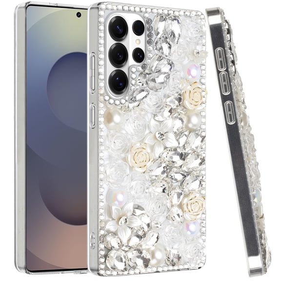 For Samsung Galaxy S26 Ultra Phone Case, Fashion Rose Flower Floral, 3D Bling Crystal Full Diamonds Pearl Sparkle Rhinestone Glitter Hybrid Cover for Galaxy S26 Ultra - Clear